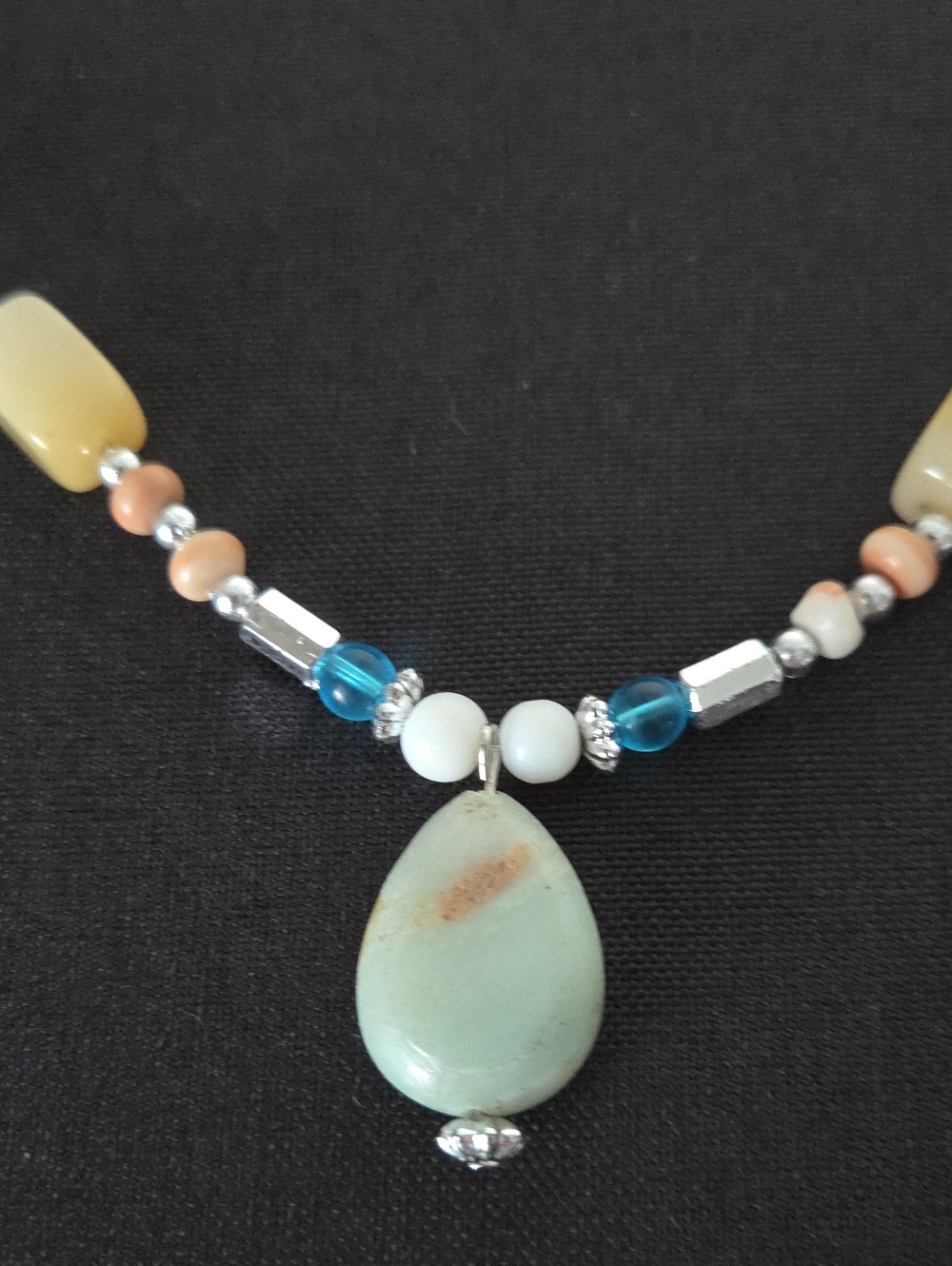 Handmade Boho Teardrop Pendant Necklace in Teal and Tan
